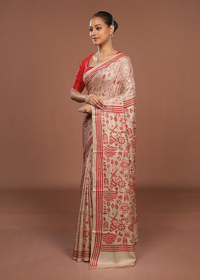 Cream Handloom Kantha Stitch Pure Silk Saree With Blouse Piece