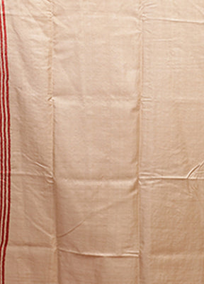 Cream Handloom Kantha Stitch Pure Silk Saree With Blouse Piece