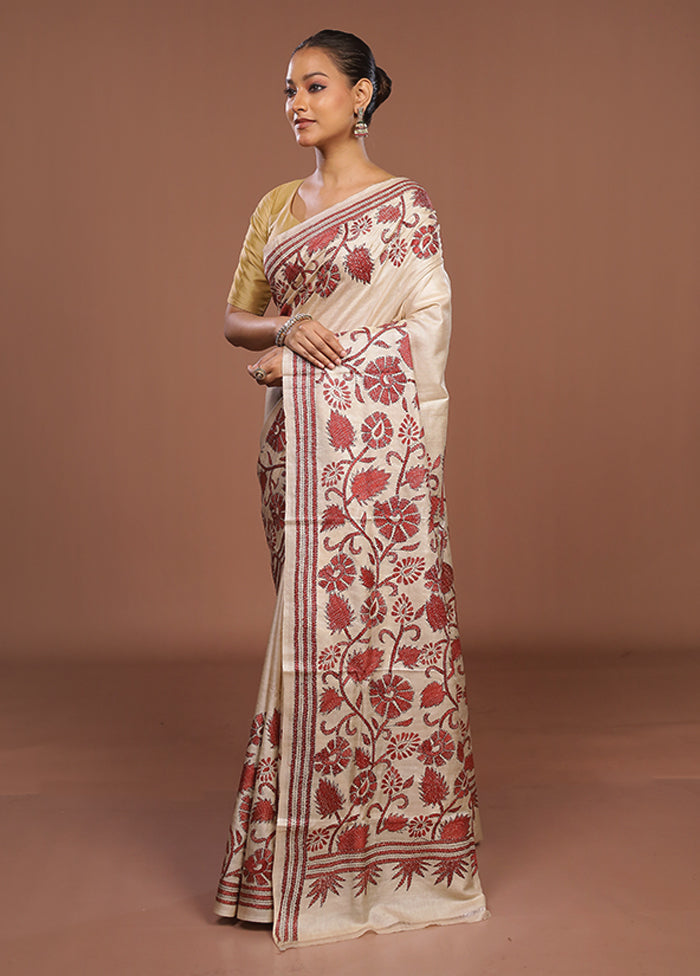 Cream Handloom Kantha Stitch Pure Silk Saree With Blouse Piece