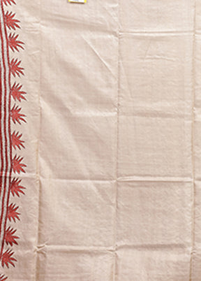 Cream Handloom Kantha Stitch Pure Silk Saree With Blouse Piece