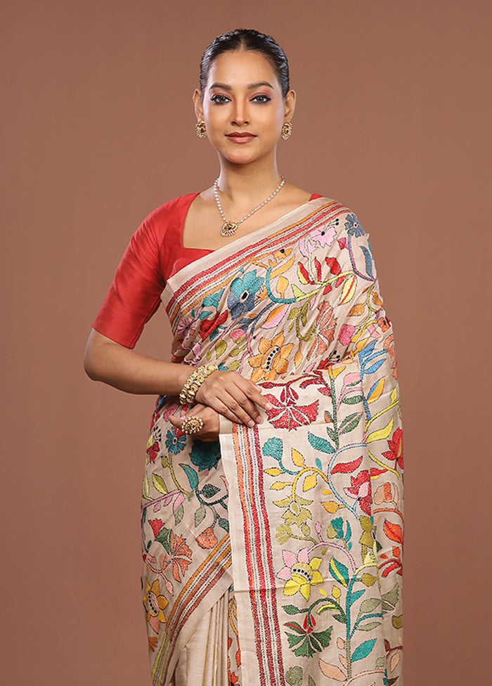 Cream Handloom Kantha Stitch Pure Silk Saree With Blouse Piece