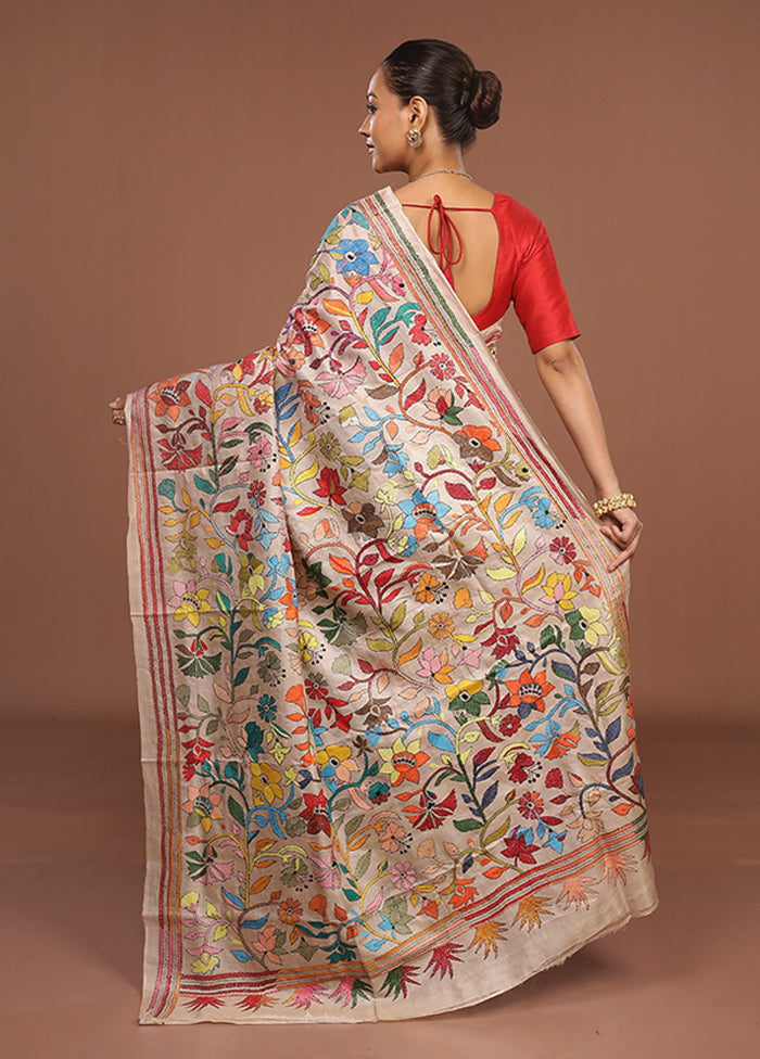 Cream Handloom Kantha Stitch Pure Silk Saree With Blouse Piece