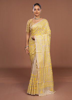 Cream Handloom Kantha Stitch Pure Silk Saree With Blouse Piece