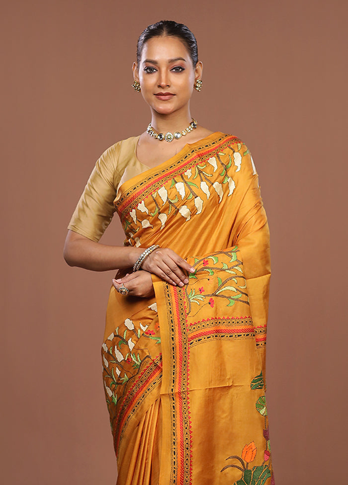 Yellow Handloom Kantha Stitch Pure Silk Saree With Blouse Piece