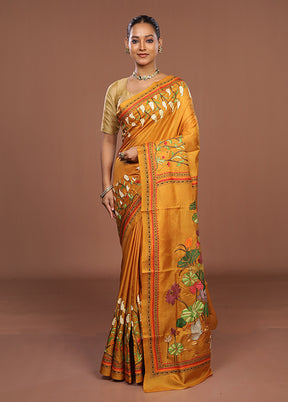 Yellow Handloom Kantha Stitch Pure Silk Saree With Blouse Piece