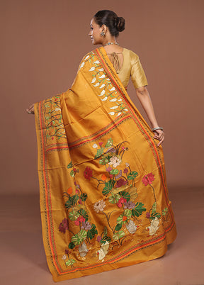 Yellow Handloom Kantha Stitch Pure Silk Saree With Blouse Piece