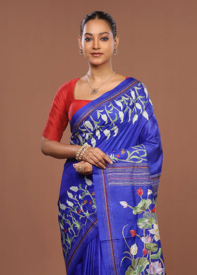 Blue Handloom Kantha Stitch Pure Silk Saree With Blouse Piece