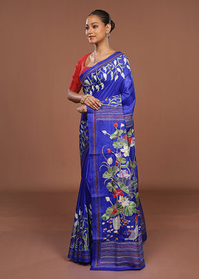 Blue Handloom Kantha Stitch Pure Silk Saree With Blouse Piece