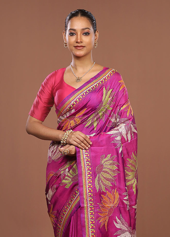 Purple Handloom Kantha Stitch Pure Silk Saree With Blouse Piece