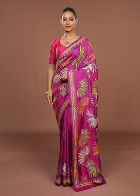 Purple Handloom Kantha Stitch Pure Silk Saree With Blouse Piece
