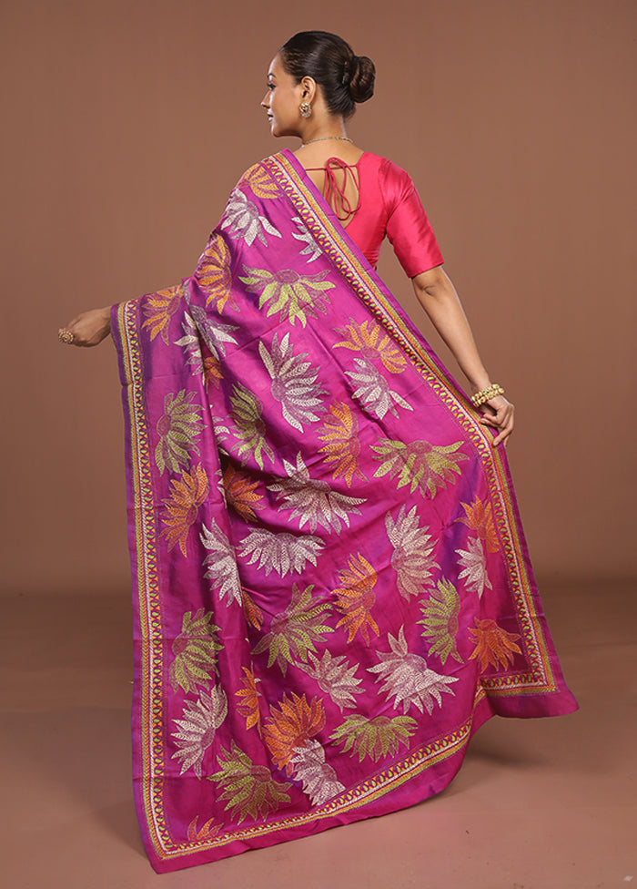 Purple Handloom Kantha Stitch Pure Silk Saree With Blouse Piece