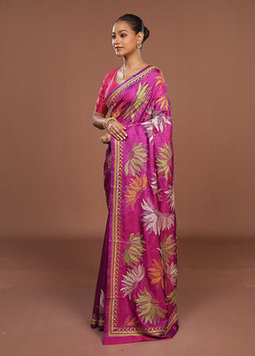 Purple Handloom Kantha Stitch Pure Silk Saree With Blouse Piece
