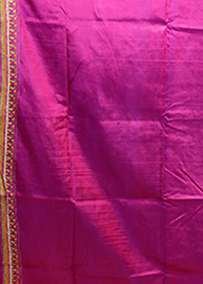 Purple Handloom Kantha Stitch Pure Silk Saree With Blouse Piece