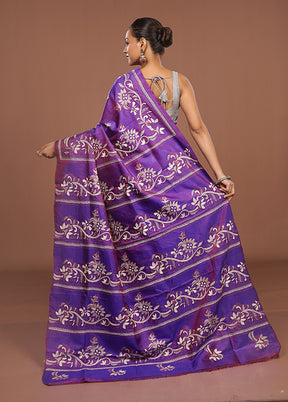 Purple Handloom Kantha Stitch Pure Silk Saree With Blouse Piece