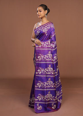 Purple Handloom Kantha Stitch Pure Silk Saree With Blouse Piece