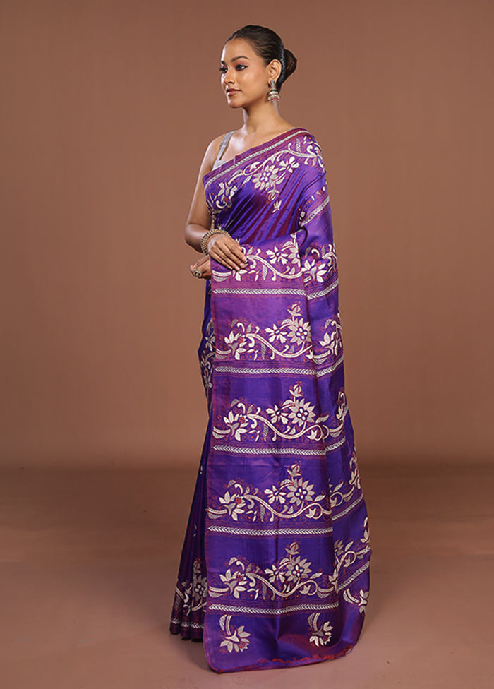 Purple Handloom Kantha Stitch Pure Silk Saree With Blouse Piece
