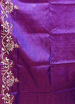 Purple Handloom Kantha Stitch Pure Silk Saree With Blouse Piece
