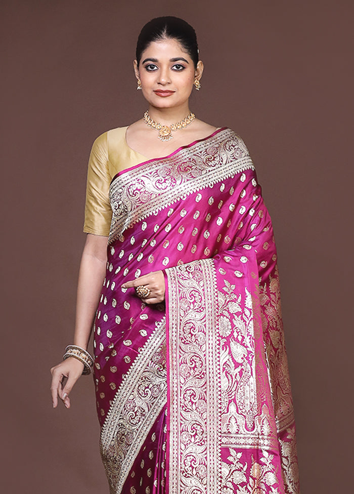 Pink Handloom Banarasi Pure Silk Saree With Blouse Piece