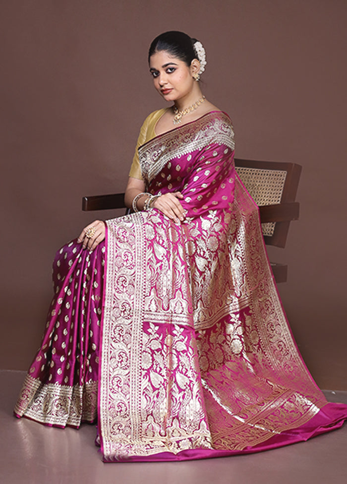 Pink Handloom Banarasi Pure Silk Saree With Blouse Piece