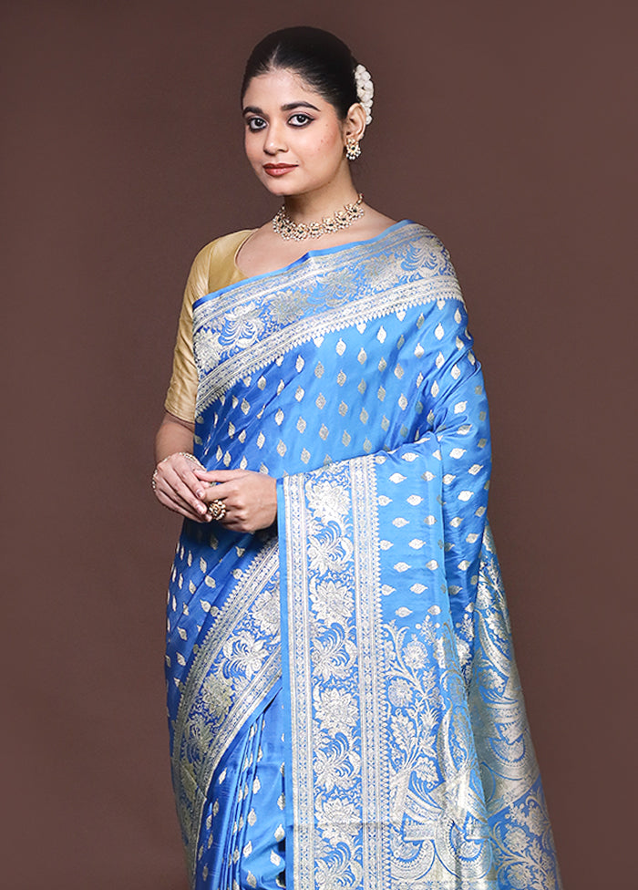 Blue Handloom Banarasi Pure Silk Saree With Blouse Piece