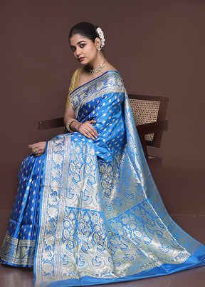 Blue Handloom Banarasi Pure Silk Saree With Blouse Piece