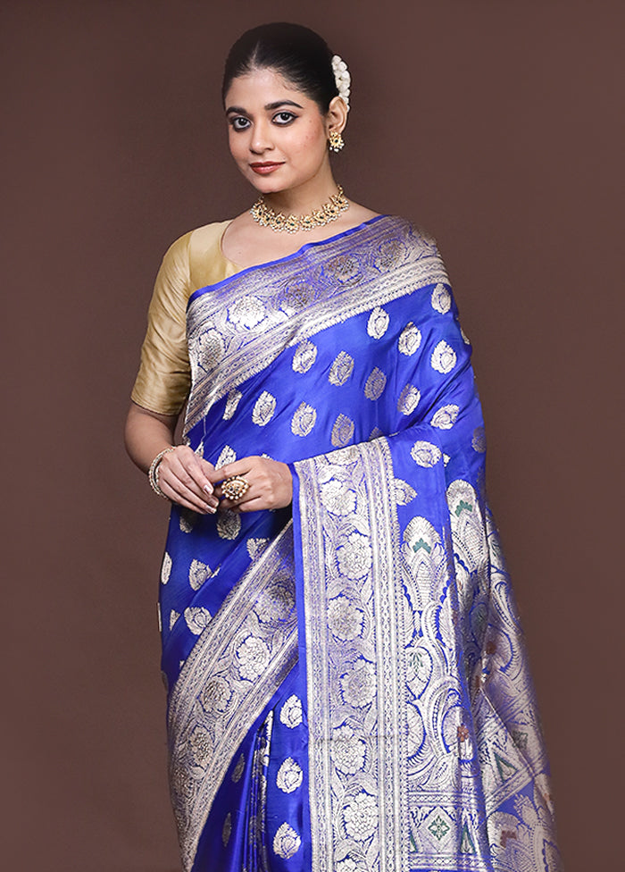 Blue Handloom Banarasi Pure Silk Saree With Blouse Piece
