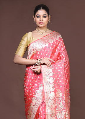 Pink Handloom Banarasi Pure Silk Saree With Blouse Piece