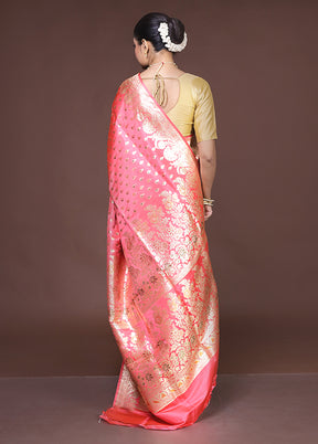 Pink Handloom Banarasi Pure Silk Saree With Blouse Piece