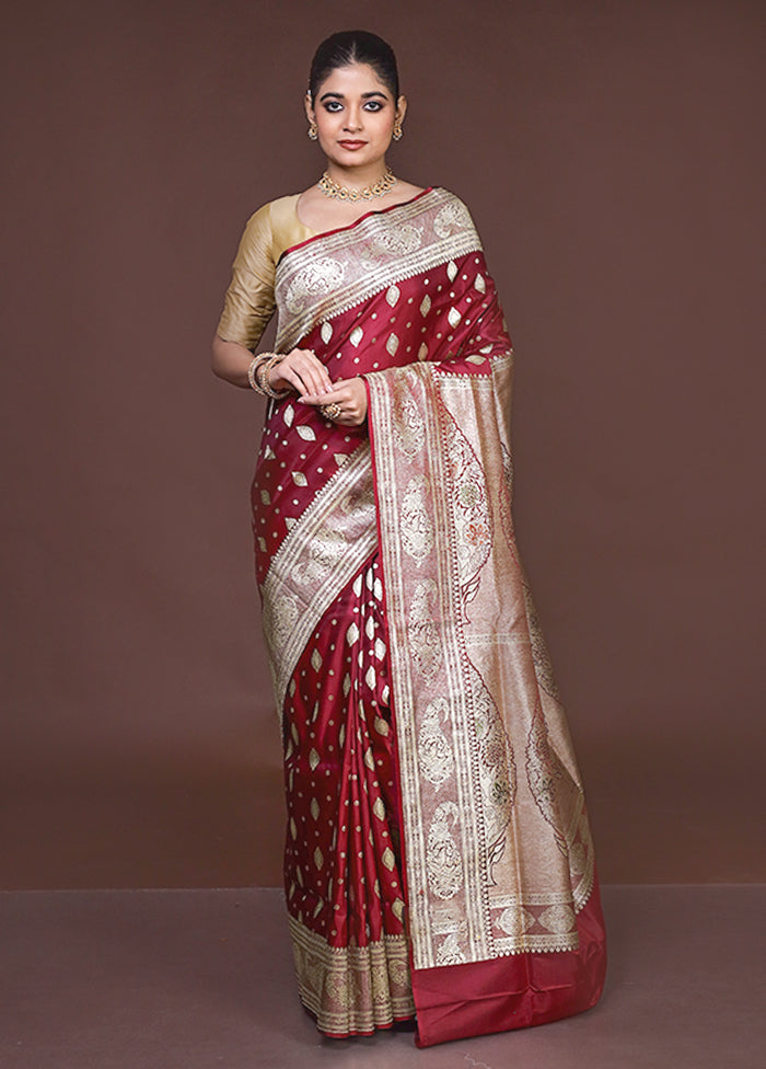 Maroon Handloom Banarasi Pure Silk Saree With Blouse Piece