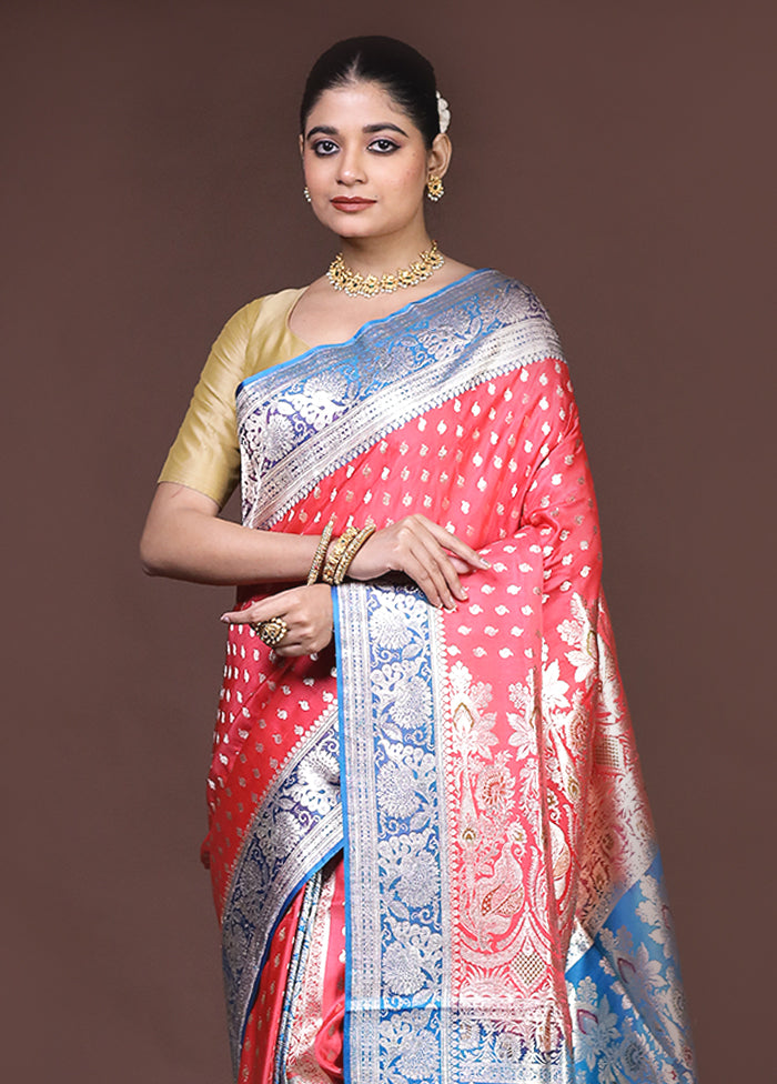 Pink Handloom Banarasi Pure Silk Saree With Blouse Piece