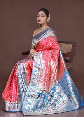 Pink Handloom Banarasi Pure Silk Saree With Blouse Piece