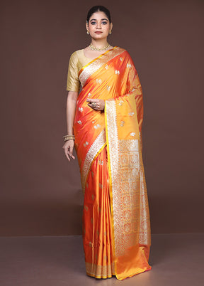 Orange Banarasi Silk Saree With Blouse Piece
