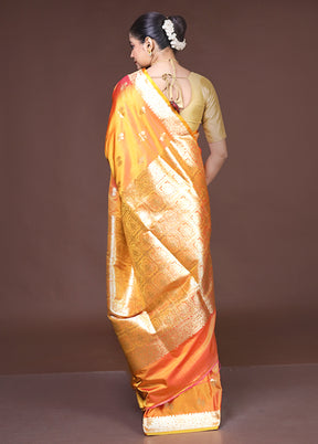 Orange Banarasi Silk Saree With Blouse Piece