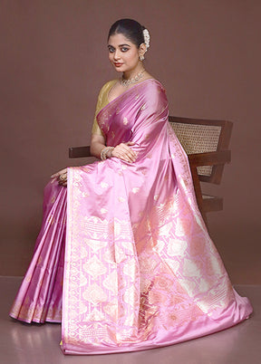 Pink Banarasi Silk Saree With Blouse Piece