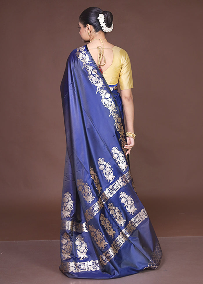 Blue Banarasi Silk Saree With Blouse Piece