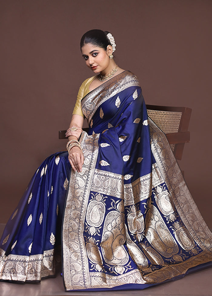 Blue Banarasi Silk Saree With Blouse Piece