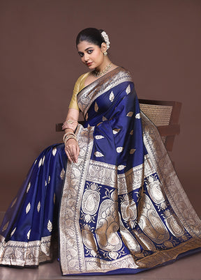 Blue Banarasi Silk Saree With Blouse Piece