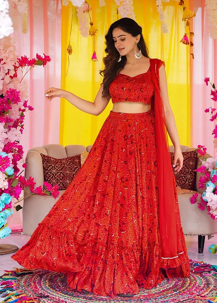 Red Blended Silk Dupatta Lehenga Set