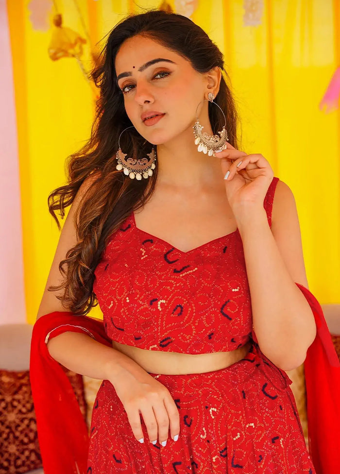 Red Blended Silk Dupatta Lehenga Set