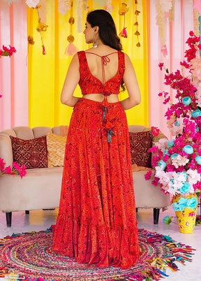 Red Blended Silk Dupatta Lehenga Set