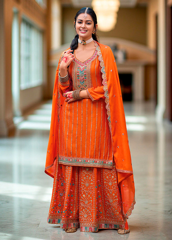 3 Pc Orange Silk Plazzo Suits Set
