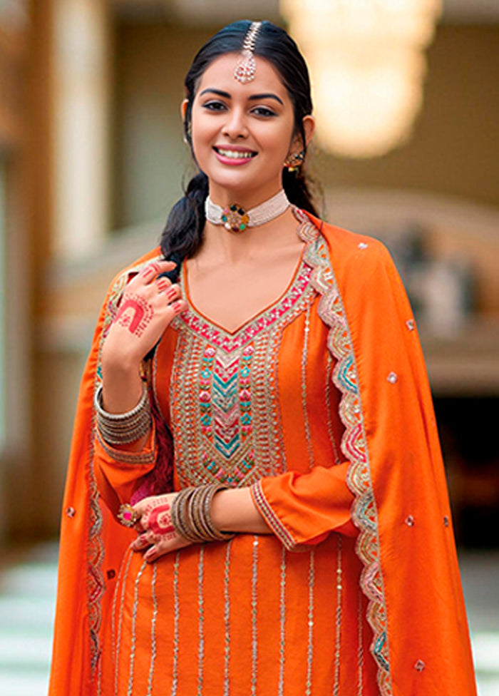 3 Pc Orange Silk Plazzo Suits Set