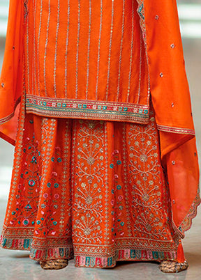 3 Pc Orange Silk Plazzo Suits Set