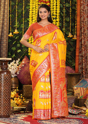 Yellow Spun Silk Saree With Blouse Piece