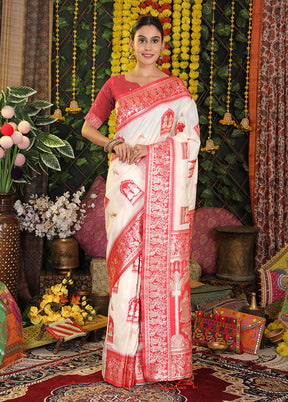 White Spun Silk Saree With Blouse Piece