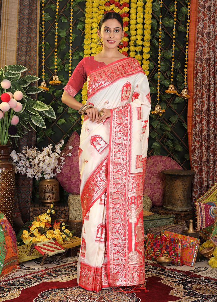 White Spun Silk Saree With Blouse Piece