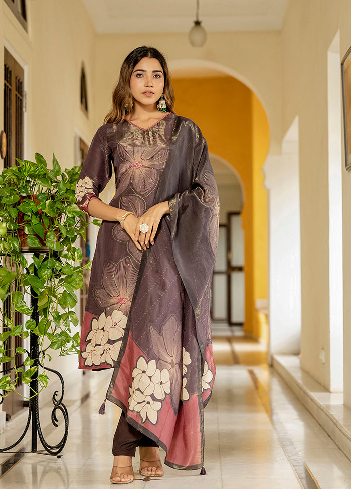 3 Pc Brown Silk Suit Set