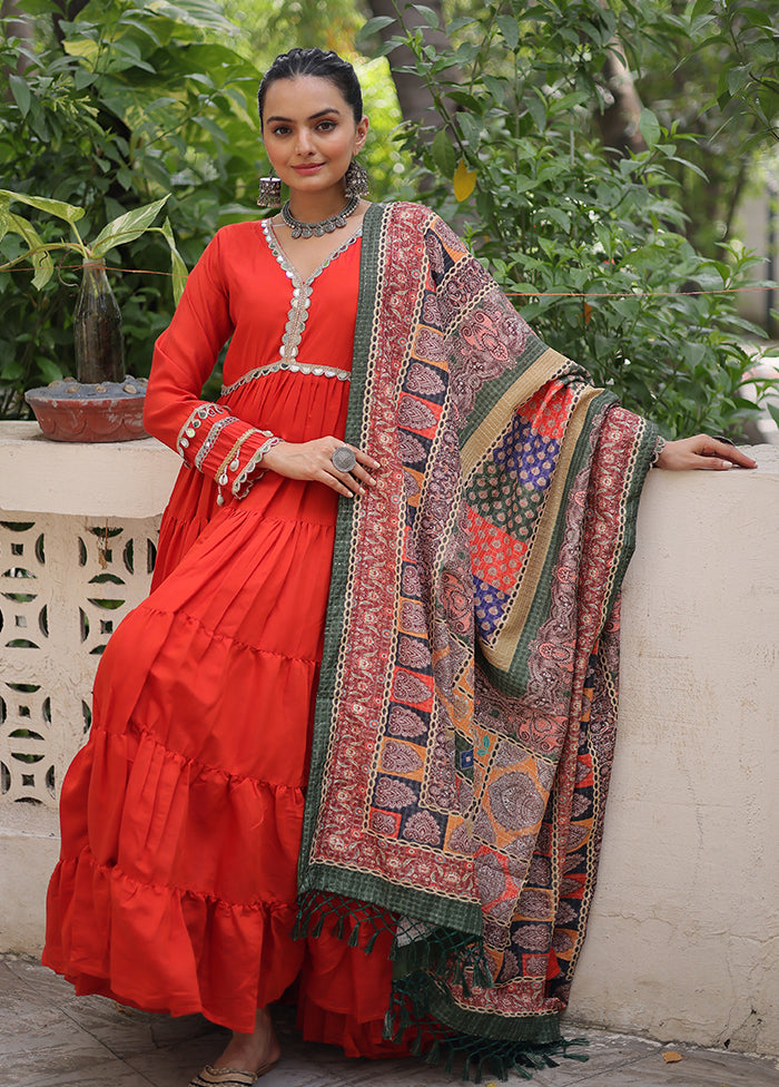 Red Printed Work Silk Gown With Dupatta Set