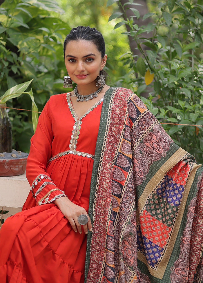 Red Printed Work Silk Gown With Dupatta Set