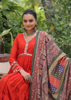 Red Printed Work Silk Gown With Dupatta Set